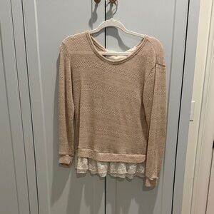 Anthropologie Beige Lace Trim top